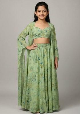 Girls Light Green Floral Print Tissue Lehenga Set