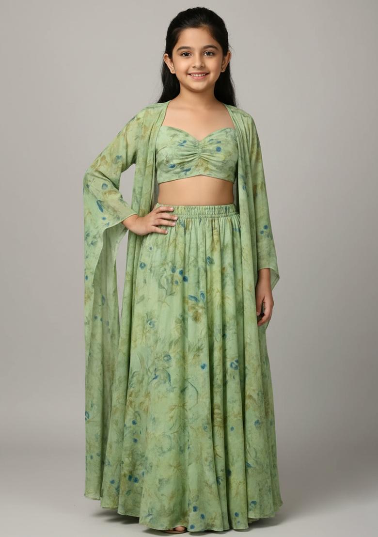 Girls Light Green Floral Print Tissue Lehenga Set