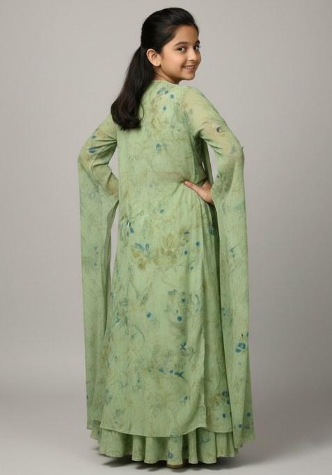 Girls Light Green Floral Print Tissue Lehenga Set