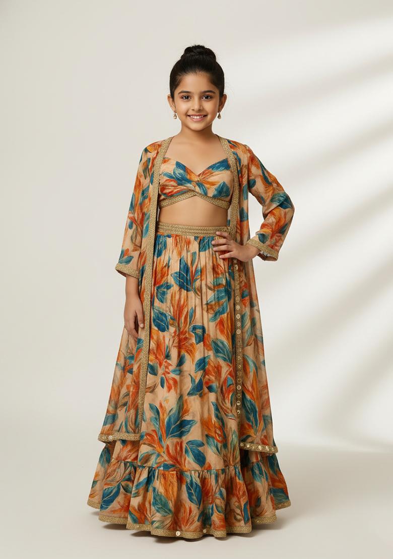 Girls Multicolor Floral Print Organza Lehenga Set