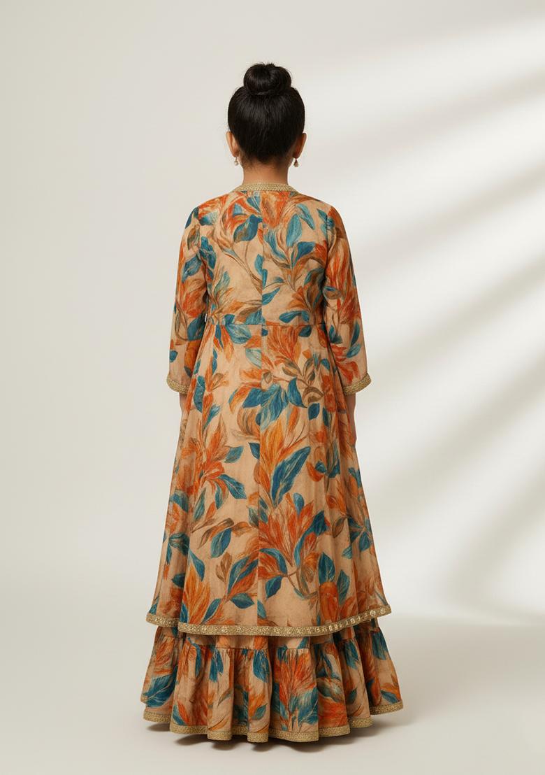 Girls Multicolor Floral Print Organza Lehenga Set - Indya