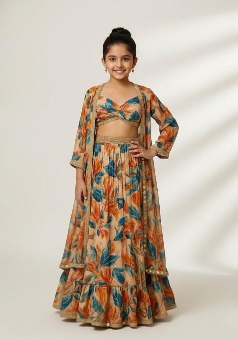 Girls Multicolor Floral Print Organza Lehenga Set