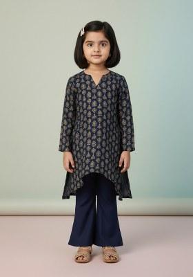 Girls Blue Embroidered Silk Fusion Set