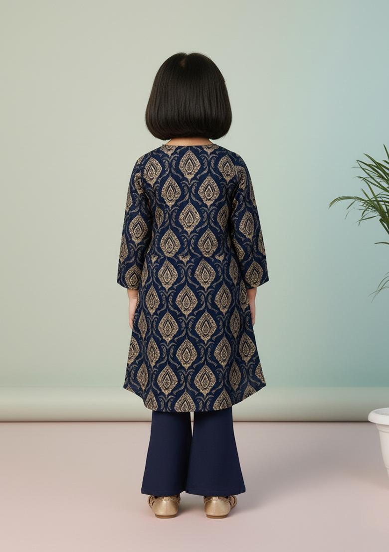 Girls Blue Embroidered Silk Fusion Set - Indya