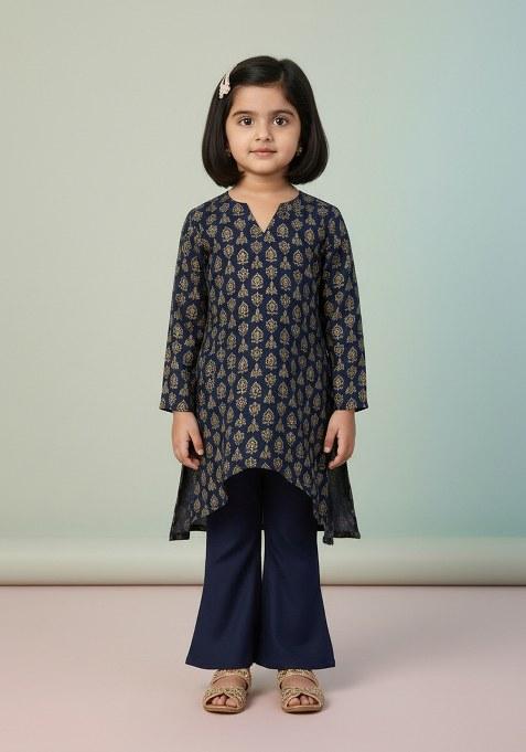 Girls Blue Embroidered Silk Fusion Set