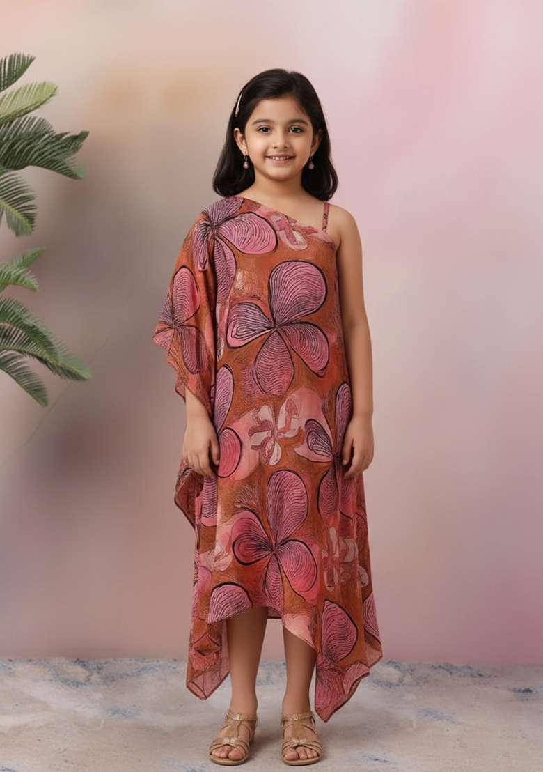 Girls Brown And Pink Floral Print Chinon Fusion Set - Indya