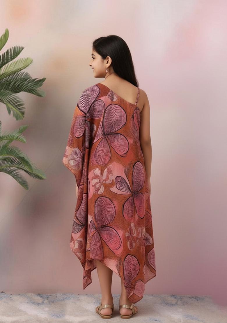 Girls Brown And Pink Floral Print Chinon Fusion Set - Indya