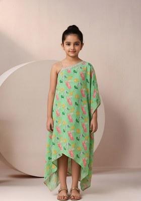 Girls Mint Green Floral Print Chinon Fusion Set
