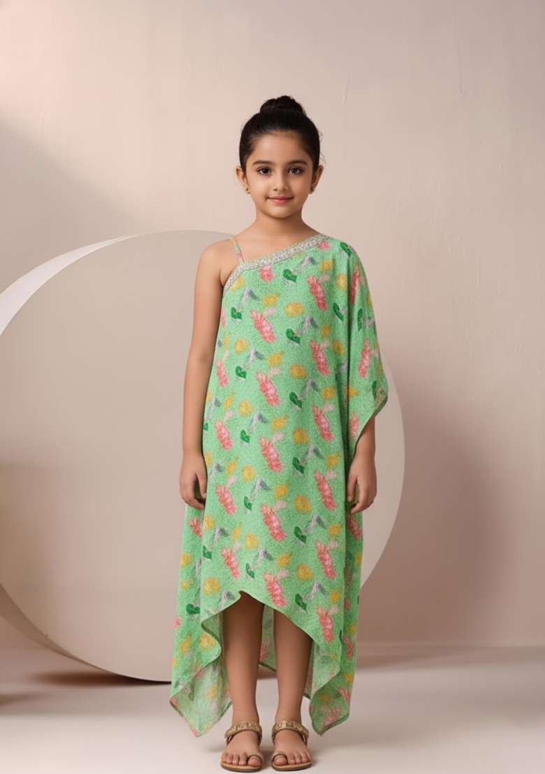 Girls Mint Green Floral Print Chinon Fusion Set - Indya