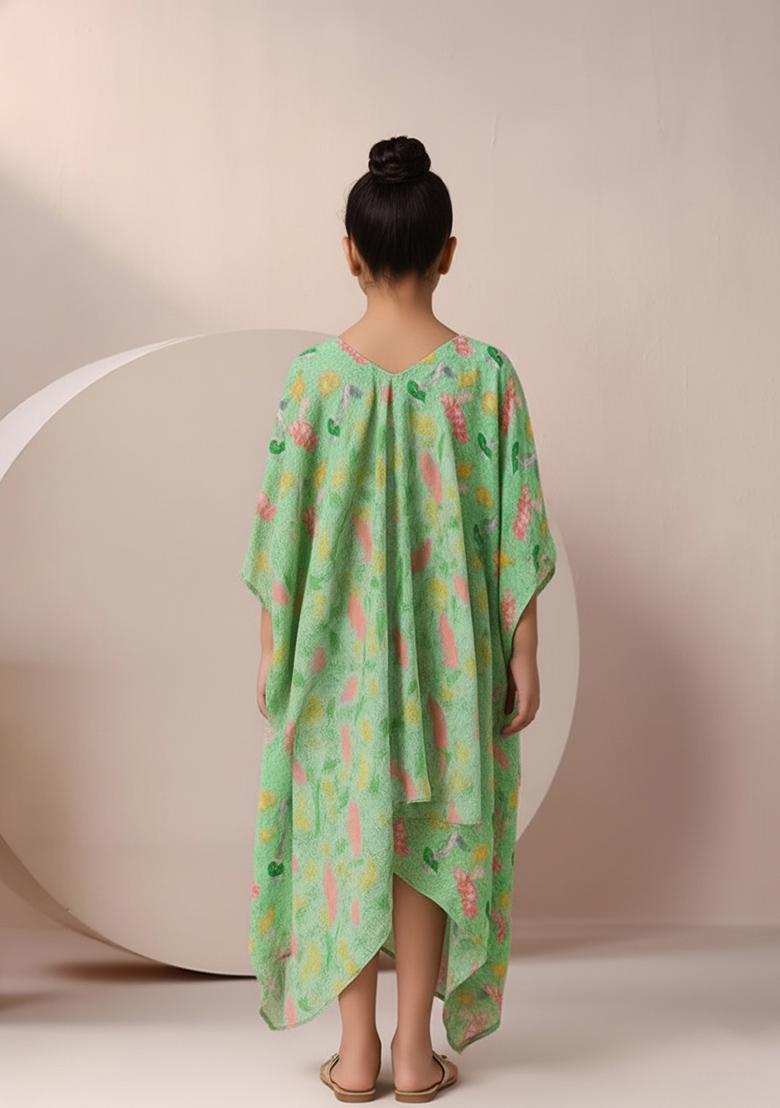 Girls Mint Green Floral Print Chinon Fusion Set - Indya