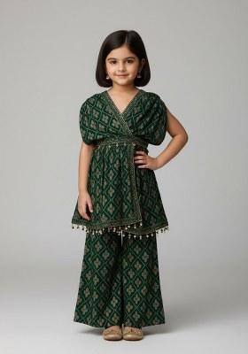 Girls Dark Green Sequin Georgette Fusion Set