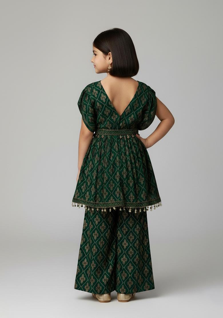 Girls Dark Green Sequin Georgette Fusion Set - Indya