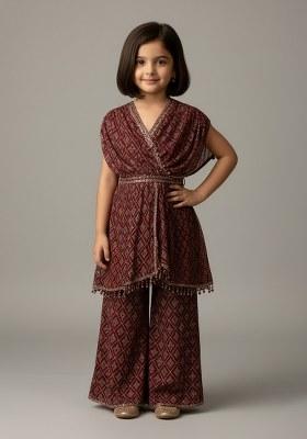 Girls Maroon Sequin Georgette Fusion Set