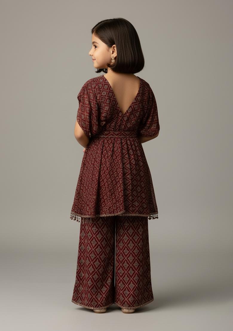 Girls Maroon Sequin Georgette Fusion Set - Indya