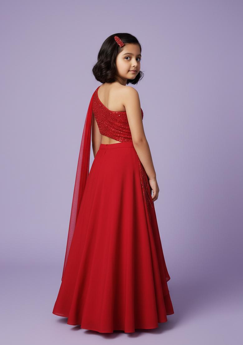 Girls Red Sequin Net Dress - Indya