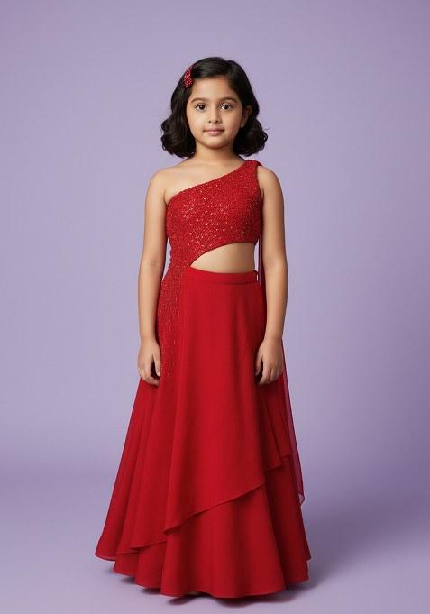 Girls Red Sequin Net Dress