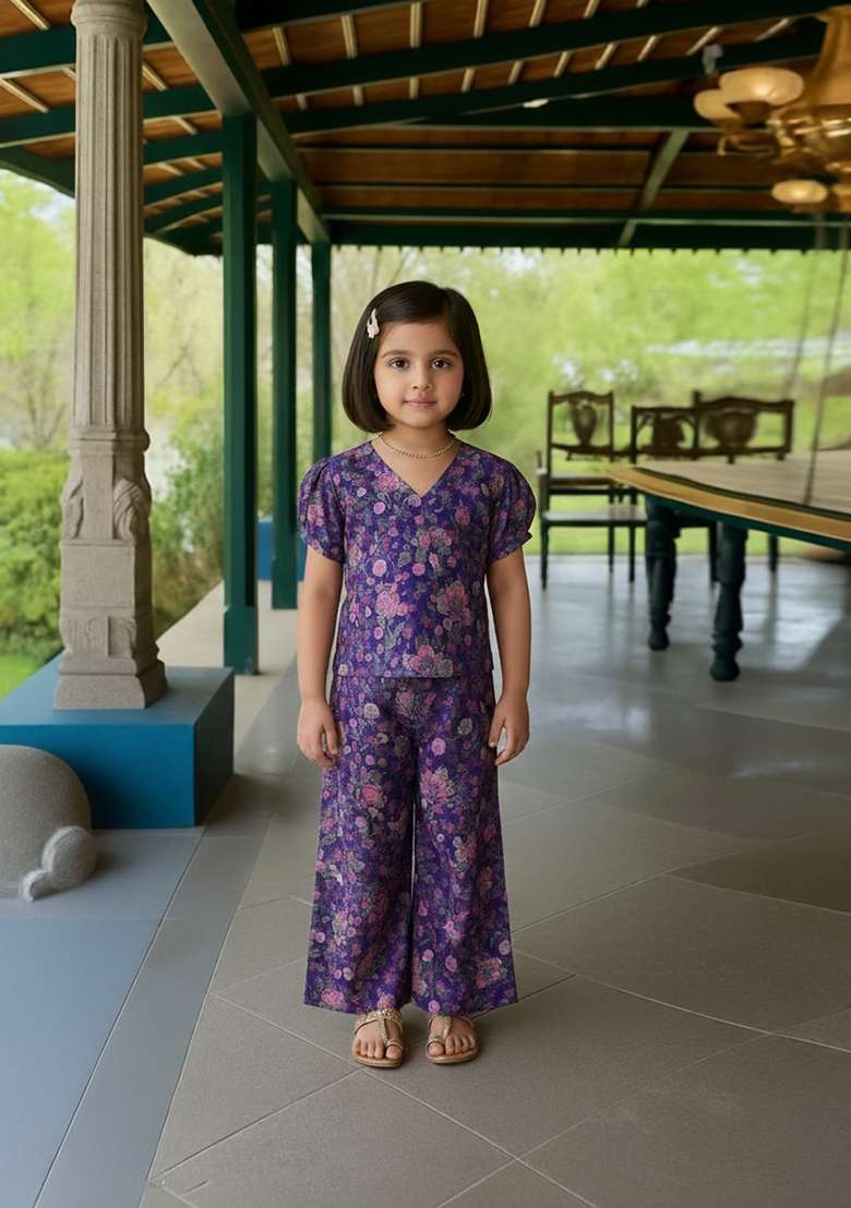 Girls Purple Floral Print Chinon Fusion Set - Indya