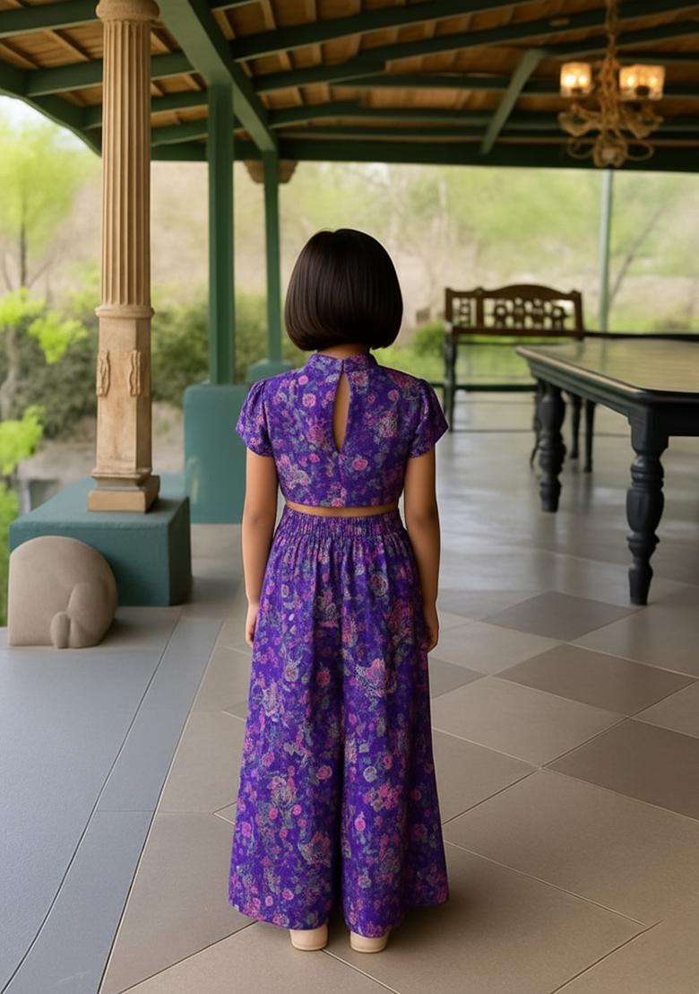 Girls Purple Floral Print Chinon Fusion Set - Indya