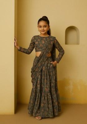 Girls Black Floral Print Chiffon Fusion Set