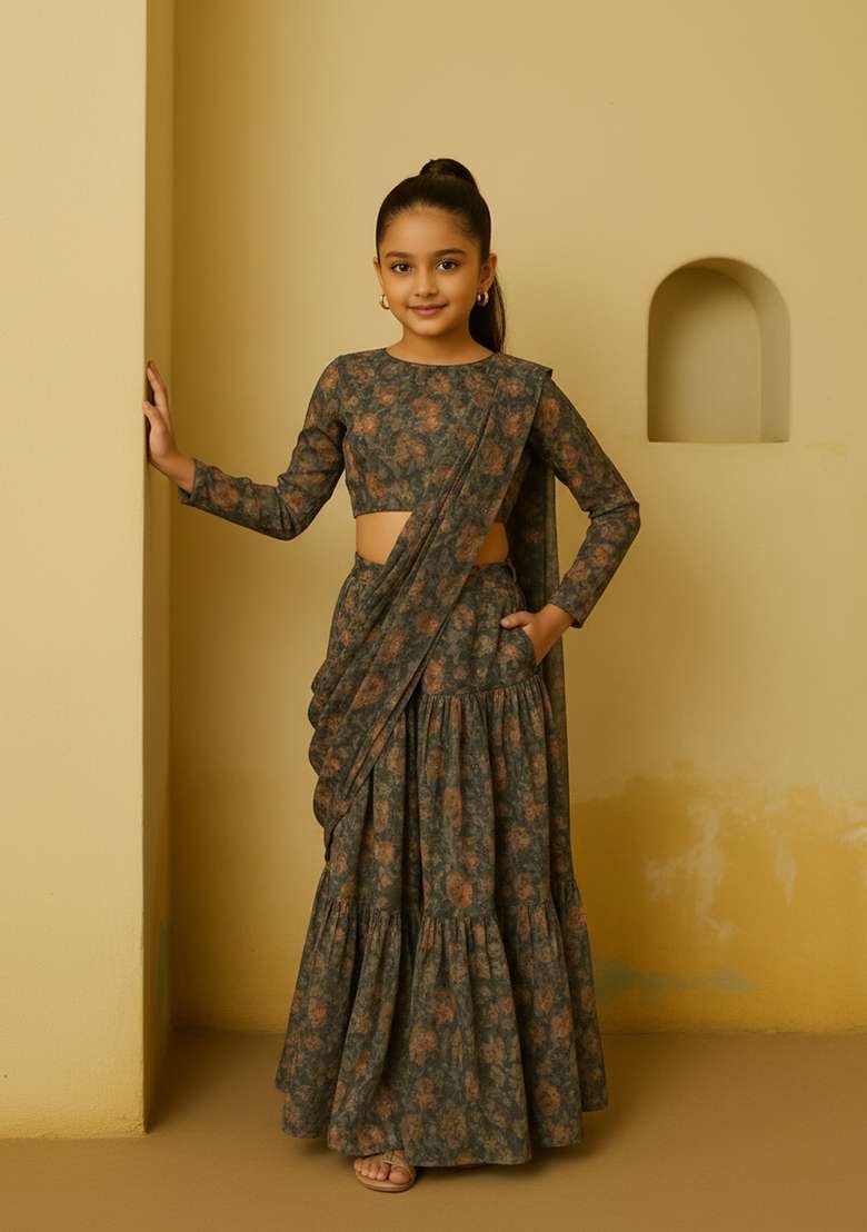 Girls Black Floral Print Chiffon Fusion Set - Indya