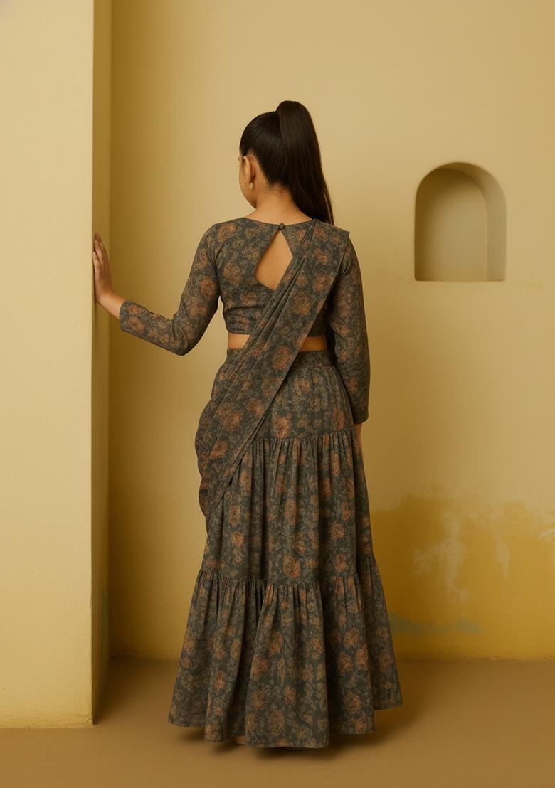 Girls Black Floral Print Chiffon Fusion Set - Indya