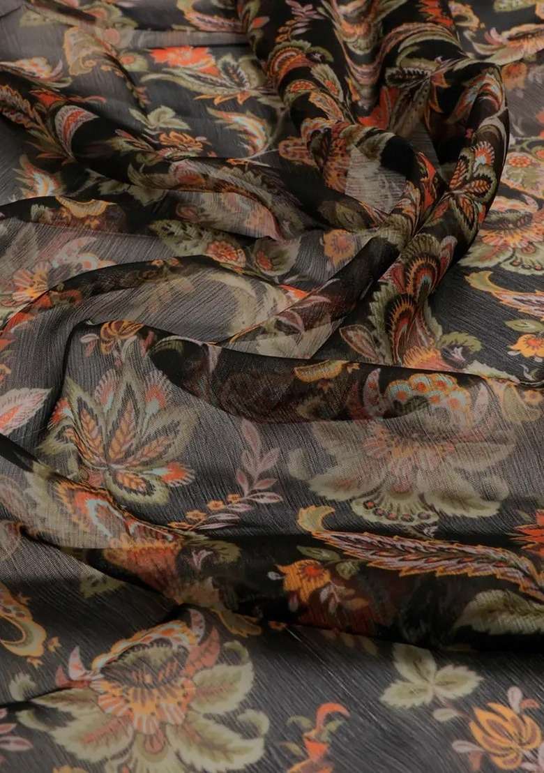 Girls Black Floral Print Chiffon Fusion Set - Indya