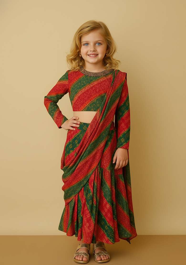 Girls Pink And Green Bandhani Print Chiffon Fusion Set - Indya