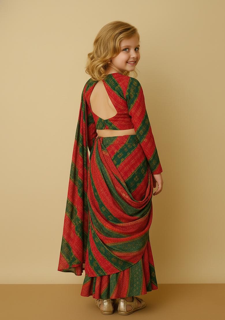 Girls Pink And Green Bandhani Print Chiffon Fusion Set - Indya