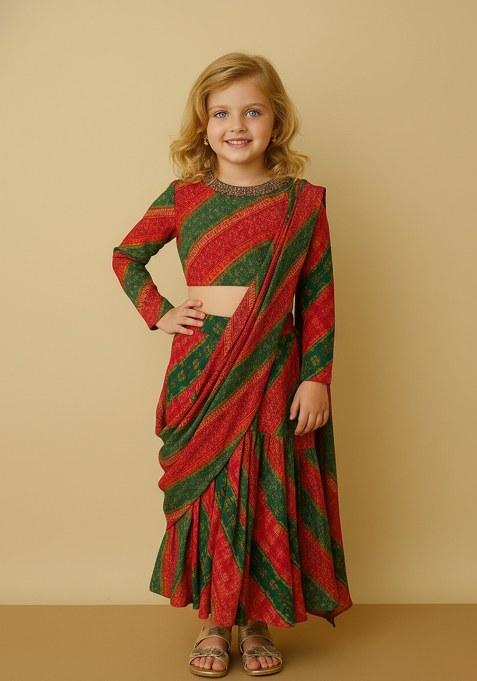 Girls Pink And Green Bandhani Print Chiffon Fusion Set