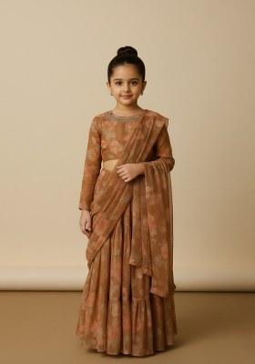 Girls Brown Floral Print Chiffon Fusion Set