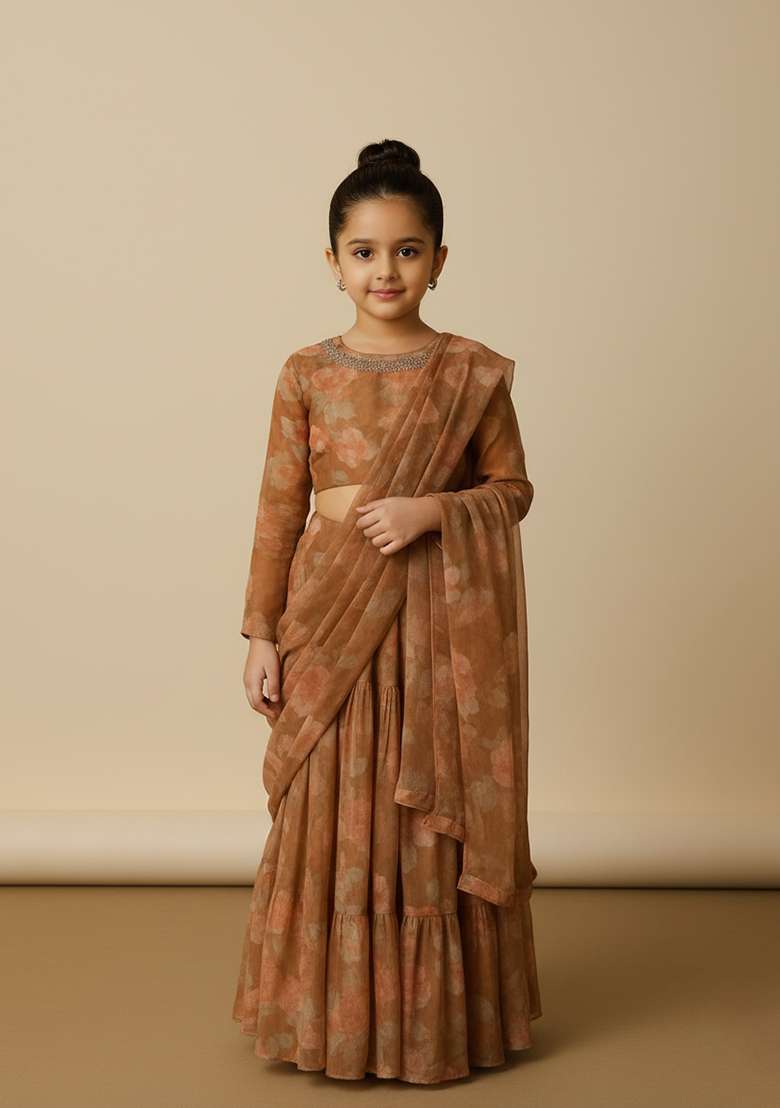 Girls Brown Floral Print Chiffon Fusion Set - Indya