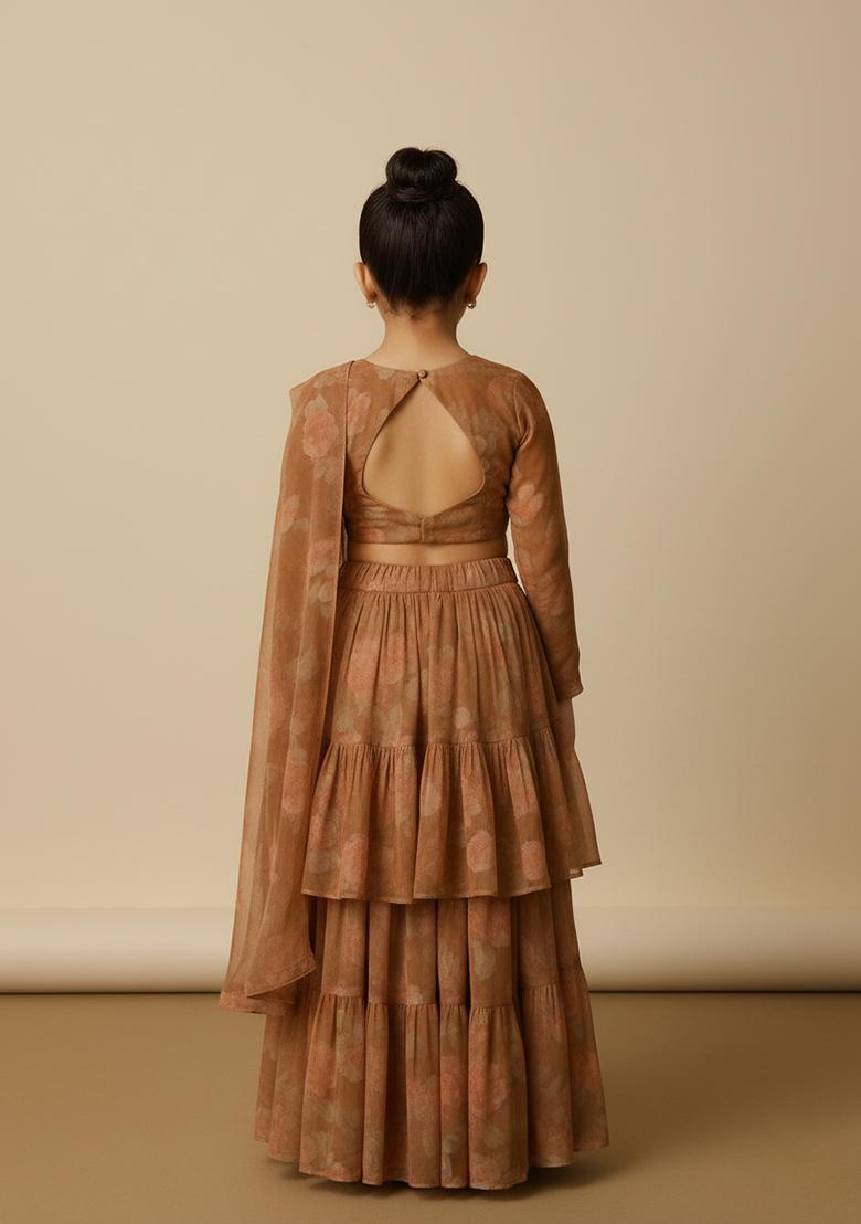 Girls Brown Floral Print Chiffon Fusion Set - Indya