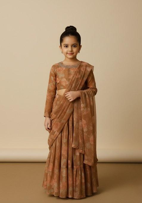 Girls Brown Floral Print Chiffon Fusion Set