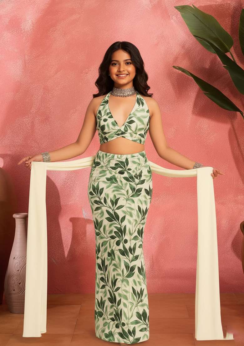 Girls Green Floral Print Satin Fusion Set - Indya