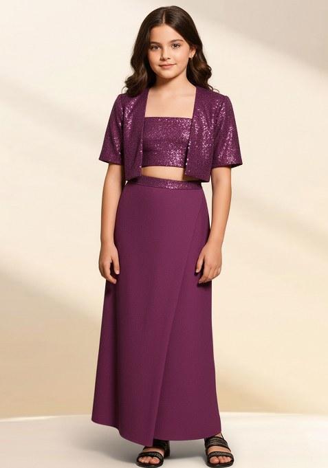 Girls Purple Sequin Georgette Fusion Set