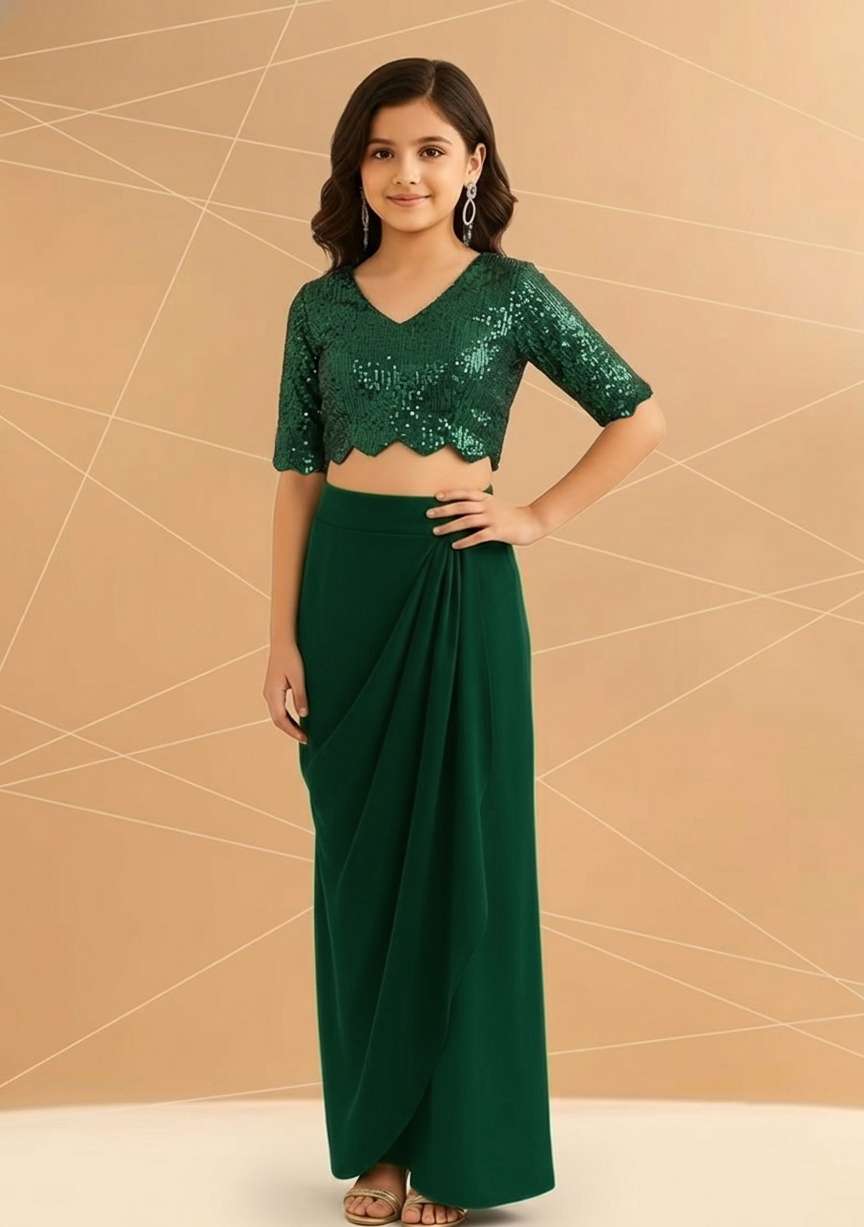 Girls Green Embellished Georgette Fusion Set - Indya