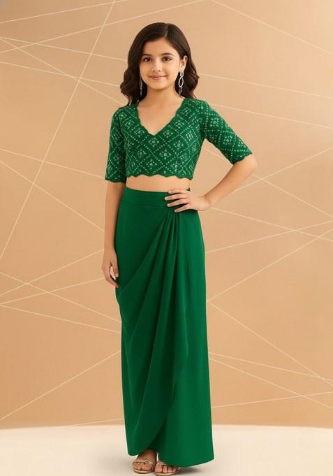 Girls Green Embellished Georgette Fusion Set