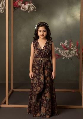 Girls Wine Floral Print Georgette Fusion Set