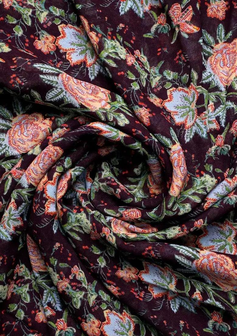 Girls Wine Floral Print Georgette Fusion Set