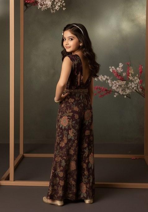 Girls Wine Floral Print Georgette Fusion Set