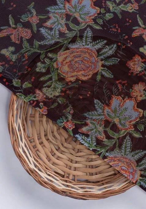 Girls Wine Floral Print Georgette Fusion Set