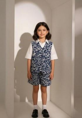 Girls Blue And White Abstract Print Cotton Denim Co-Ord Set