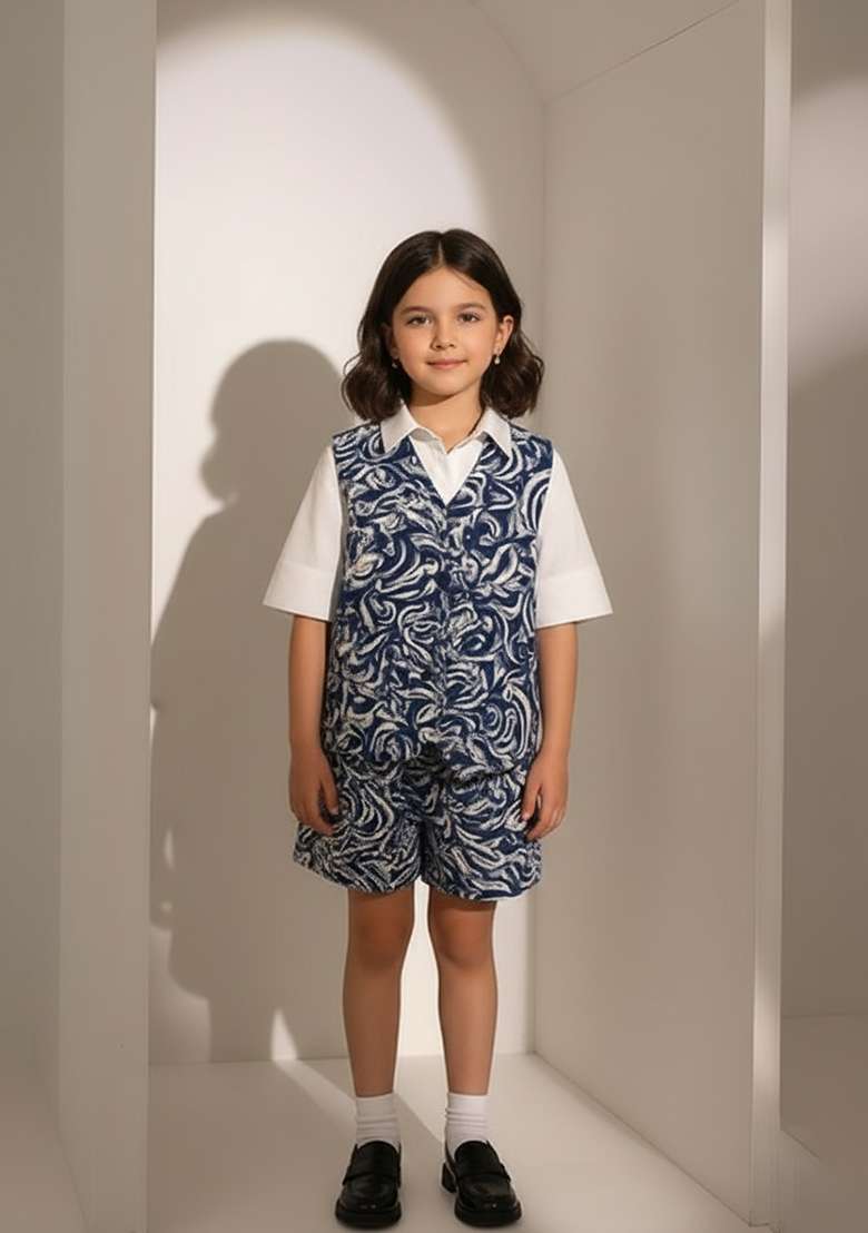 Girls Blue And White Abstract Print Cotton Denim Co-Ord Set - Indya