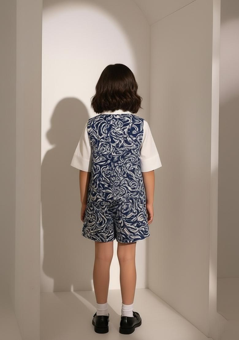 Girls Blue And White Abstract Print Cotton Denim Co-Ord Set - Indya