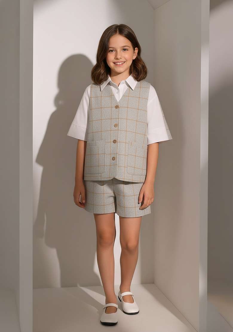 Girls Grey Foil Print Cotton Denim Co-Ord Set - Indya