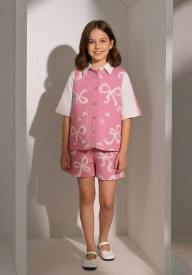 Girls Pink Figure Print Cotton Denim Co-Ord Set