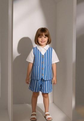 Girls Blue Striped Cotton Denim Co-Ord Set