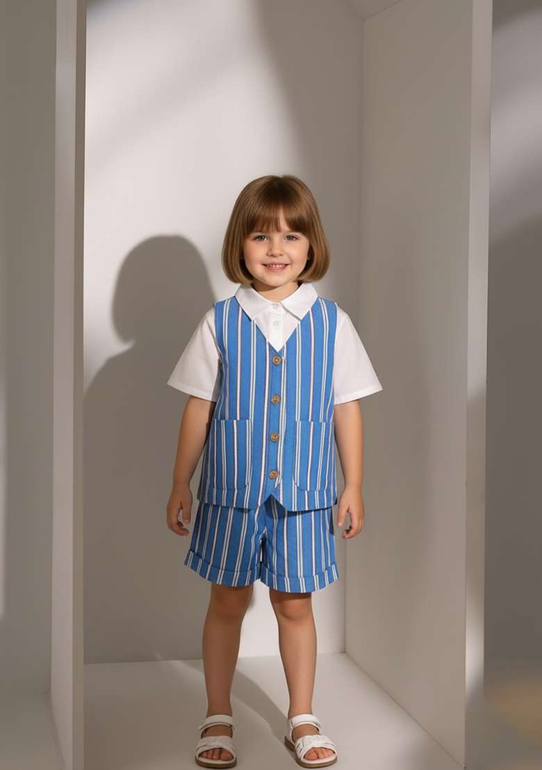 Girls Blue Striped Cotton Denim Co-Ord Set - Indya
