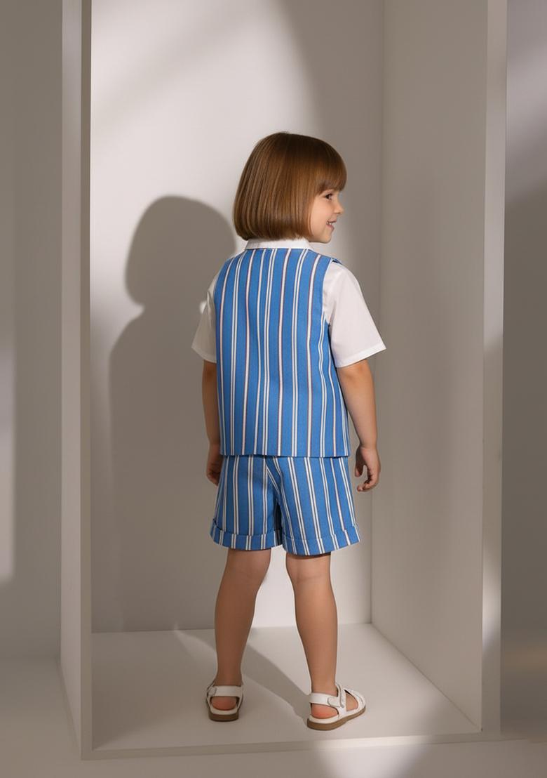 Girls Blue Striped Cotton Denim Co-Ord Set - Indya