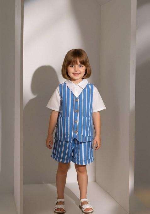 Girls Blue Striped Cotton Denim Co-Ord Set